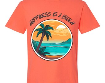 Comfort Colors Beach Shirt – “Happiness Is A Beach” Graphic Tee – Summer Vacation Gift
