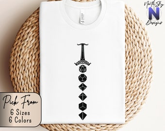 Dice Sword, Dnd gift, Dungeons and Dragons present, rpg, dice, d20, Tabletop Gaming Shirt, Dungeon Master T-shirt Gift, Gamer Tee, DD34