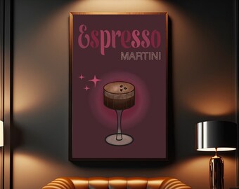Espresso Martini Poster, Pink Retro Cocktail Wall Art, Espresso Martini Art, Bar Cart Wall Art, Espresso Poster, Coffee Gift, Bar gift, Bar