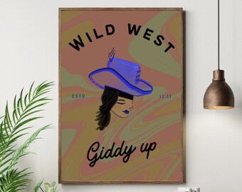 Giddy Up Art, Western Wall Decor, Western Cowgirl Print, Vintage Cowgirl Art, Retro Wall Art, Western Poster, Western Wall Art, UNFRAMED