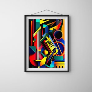 A stunning art deco print, with an intricate pattern of jazz instruments, bold geometric shapes and bright colors.