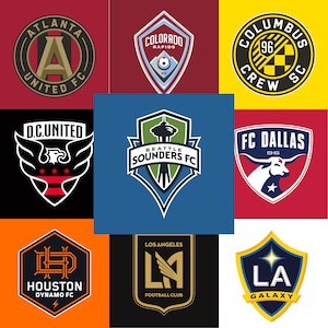 Puede incluir: Un collage de nueve logotipos de equipos de la Major League Soccer. Los logotipos están dispuestos en una cuadrícula de 3x3. Los equipos representados son Atlanta United FC, Colorado Rapids, Columbus Crew SC, D.C. United, Seattle Sounders FC, FC Dallas, Houston Dynamo FC, Los Angeles Football Club y LA Galaxy.
