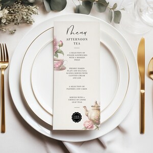 Modello di menu del tè pomeridiano, menu del ristorante Canva, DOWNLOAD IMMEDIATO, menu del tea party stampabile, elegante, morbidi fiori pastello, giardino inglese