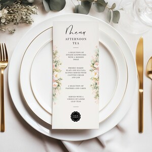 Afternoon Tea Menu Sjabloon, Canva Restaurant Menu, INSTANT DOWNLOAD, Tea Party Menu Printable, Elegant, Soft Pastel Florals, Engelse tuin