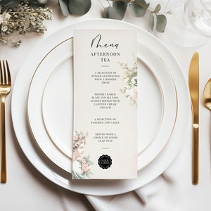 Afternoon Tea Menu Template, Canva Restaurant Menu, INSTANT DOWNLOAD, Tea Party Menu Printable, Elegant, Soft Pastel Florals, Engelse tuin