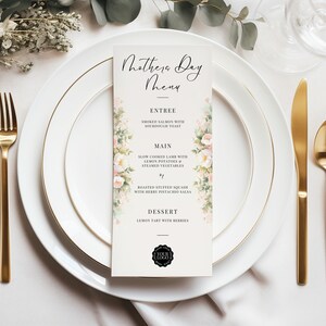 Moederdag menusjabloon, Canva restaurantmenu, INSTANT DOWNLOAD, brunchmenu afdrukbaar, elegante, Engelse tuin, zachte pastelkleurige bloemen
