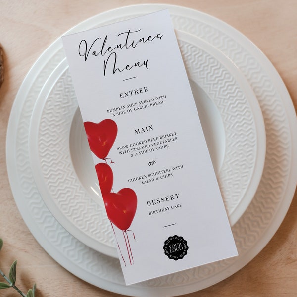 Modello menu di San Valentino, menu del ristorante Canva, DOWNLOAD IMMEDIATO, cena di San Valentino stampabile, elegante, romantico, palloncini a cuore rosso