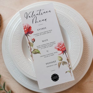 Valentinstag Menü Vorlage, Canva Restaurant Menü, SOFORTIGER DOWNLOAD, Valentinstag Abendessen, Elegant, Romantisch, Rote Rosen Design