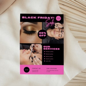 Black Friday Lash Sale, Lash Tech Book Now Ulotka Canva Szablon, NATYCHMIASTOWE POBIERANIE, Cyber Monday, Ulotka Beauty, Czarny i różowy neon, PTT-F01