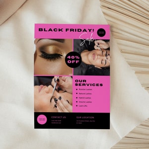 Black Friday Lash Sale, Lash Tech Book Now Ulotka Canva Szablon, NATYCHMIASTOWE POBIERANIE, Cyber Monday Ulotka, Znak salonu kosmetycznego, Czarny i różowy