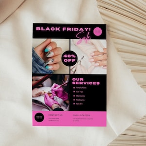 Ulotka na paznokcie Black Friday, specjalna ulotka na temat technologii paznokci, natychmiastowe pobranie, Cyberponiedziałek, ulotka na temat paznokci akrylowych, znak piękna, czarno-różowy neon