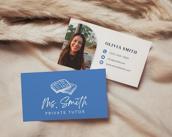 Business Cards For Tutoring, Private Tutor Advertising, INSTANT DOWNLOAD, Editable Canva Template, English, Maths, Blue Minimal, PTT-L02