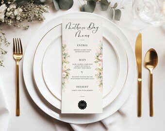 Mors dag-menymall, Canva-restaurangmeny, DIREKT NEDLADDNING, utskrivbar brunchmeny, elegant, engelsk trädgård, mjuka pastellblommor