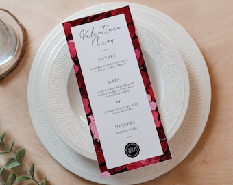 Valentines Day Menu Template, Canva Restaurant Menu, INSTANT DOWNLOAD, Valentine Dinner Printable, Elegant, Romantic, Pink Sequin Hearts