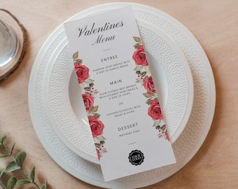 Valentines Day Menu Template, Canva Restaurant Menu, INSTANT DOWNLOAD, Valentine Dinner Printable, Romantic, Elegant, Red Roses, Floral