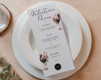 Valentines Day Menu Template, Canva Restaurant Menu, INSTANT DOWNLOAD, Valentine Dinner Printable, Elegant, Romantic, Flower cocktails