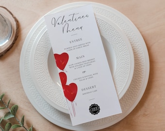 Valentines Day Menu Template, Canva Restaurant Menu, INSTANT DOWNLOAD, Valentine Dinner Printable, Elegant, Romantic, Red Heart Balloons