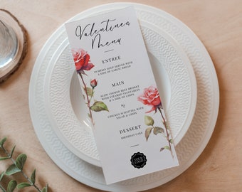 Valentines Day Menu Template, Canva Restaurant Menu, INSTANT DOWNLOAD, Valentine Dinner Printable, Elegant, Romantic, Red roses design