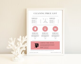 Modello di listino prezzi per servizi di pulizia, modello Canva modificabile, listino prezzi aziendale di pulizia fai da te, download istantaneo, minimo, PTT-C04