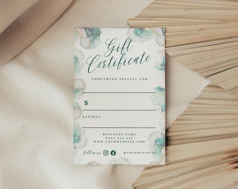 Modello di certificato regalo per piccole imprese, download istantaneo, buono regalo stampabile, modello Canva modificabile, effetto marmo verde, PTT-B04