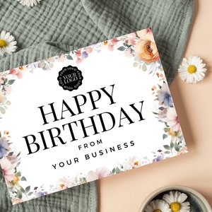 Cartões de feliz aniversário para clientes, cartões de aniversário corporativos, presente do cliente, DOWNLOAD INSTANTÂNEO, modelo Canva, cartão floral macio