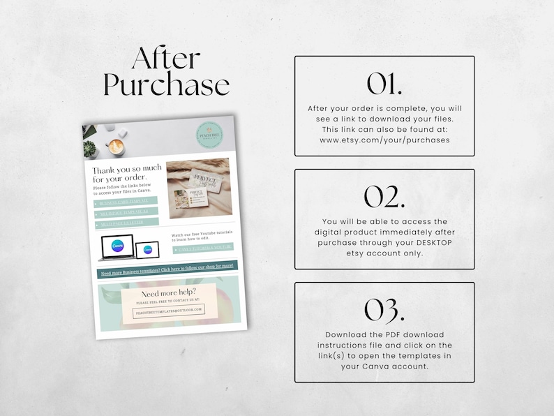 May include: A digital download guide with instructions on how to access and download digital products after purchase. The guide includes information about accessing files through Etsy and Canva.