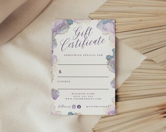 Small Business Gift Certificate Template, Instant Download, Printable Gift Voucher, Editable Canva Template, Purple Marble Effect, PTT-B02