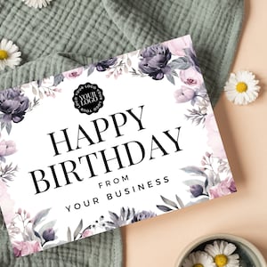 Biglietti di buon compleanno per clienti, Biglietti di compleanno aziendali, Regalo per i clienti, DOWNLOAD IMMEDIATO, Modello Canva, Biglietto d'auguri floreale scuro, Rosa