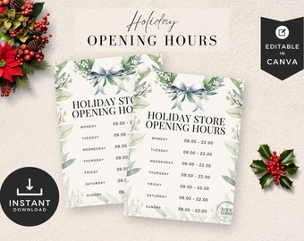 Holiday Store Opening Hours, Christmas Business Sign Template, INSTANT DOWNLOAD, Xmas Flyer, Editable in Canva, Shop Promo Sign, PTT-CHR1