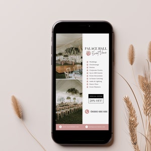 Flyer numérique de lieu d’événement, TÉLÉCHARGEMENT INSTANTANÉ, Dépliant pour la location de lieux de mariage, Modèle Canva, Flyer pour smartphone, Moderne et élégant, PTT-D03