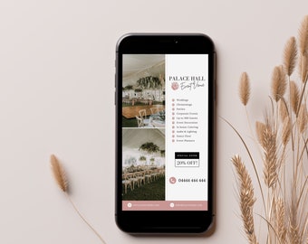 Volantino digitale per sede di eventi, DOWNLOAD IMMEDIATO, volantino per noleggio di location per matrimoni, modello Canva, volantino per smartphone, moderno ed elegante, PTT-D03