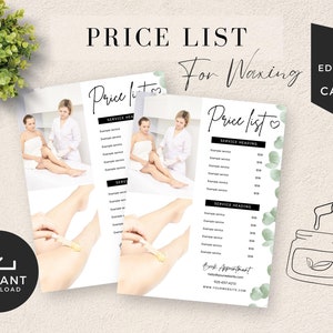 Peut inclure: Une liste de prix pour les services d'épilation à la cire avec un fond blanc et des accents aquarelle verts. Le texte "Price List for Waxing" est écrit en cursive noire. La liste de prix comprend une variété de services d'épilation à la cire avec les prix indiqués à côté de chaque service. La liste de prix comprend également un numéro de téléphone et une adresse de site Web.