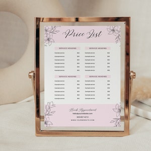 Small Business Price List Template, Editable Canva Template, DIY Price List, Instant Download, Simple Blush Pink Floral Design, PTT-A05