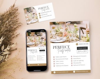 Party Rentals Business Bundle, Party Rental Flyer Template, DIY Business card, Event Decor Flyer, Modern Elegant aesthetic, PTT-D01