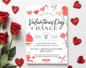 Valentines Day Flyer For Dance, School Sweetheart Dance, Daddy Daughter Dance Flyer, Instant Download Editable Canva Template, Coral Hearts
