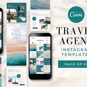 May include: A set of 20 Instagram templates for travel agents, featuring a teal and white colour scheme with images of beaches, cities, and travel quotes. The text "TRAVEL AGENT INSTAGRAM TEMPLATES PACK OF 20" is displayed in a large font.