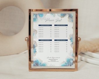 Small Business Price List Template, Editable Canva Template, DIY Price List, Instant Download, Blue Marble Effect Design, PTT-B01