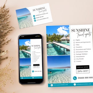 Szablony marketingowe dla agentów podróży, Ulotka DIY dla agentów podróży, Szablon Canva dla agentów podróży, Edytowalny w Canva, Luksusowa estetyka, PTT-D02