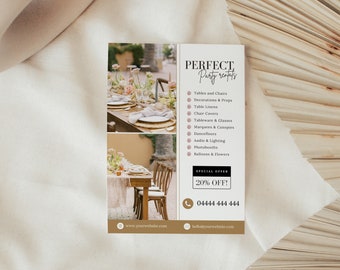 Party Rental Flyer Template, DIY Leaflet for Party Equipment Hire, Event Decor Flyer, Editable in Canva, Modern Elegant Aesthetic, PTT-D01