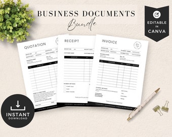 Small Business Bundle Document, INSTANT DOWNLOAD, Invoice Template Bundle, Minimal Printable Business Forms, Canva Receipt, Quote, PTT-G04