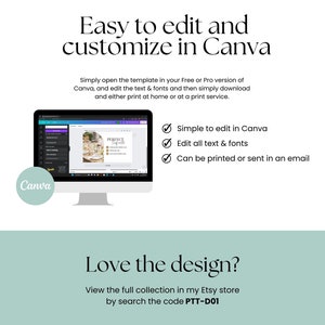 May include: A computer screen displaying a Canva design template for a wedding invitation. The template features a floral design with the text "Perfect Day" and a gold border. The text "Simple to edit in Canva", "Edit all text & fonts", and "Can be printed or sent in an email" is displayed below the screen.