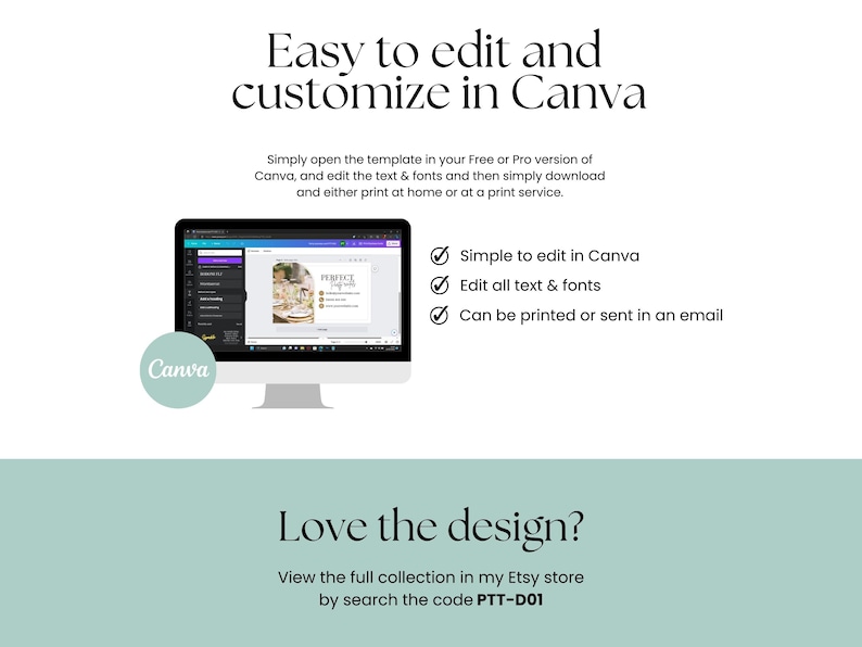 May include: A computer screen displaying a Canva design template for a wedding invitation. The template features a floral design with the text "Perfect Day" and a gold border. The text "Simple to edit in Canva", "Edit all text & fonts", and "Can be printed or sent in an email" is displayed below the screen.