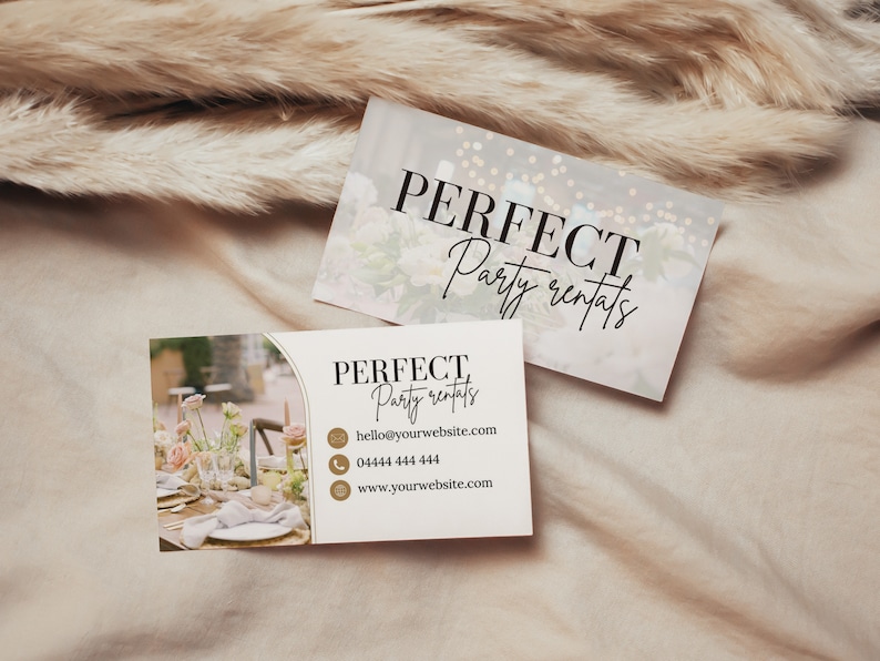 May include: White business card with gold accents featuring the text "PERFECT Party rentals" and contact information including an email address, phone number, and website address. The card has a photo of a table setting with flowers and candles.