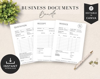 Small Business Bundle Document, INSTANT DOWNLOAD, Invoice Template Bundle, Minimal Printable Business Forms, Canva Receipt, Quote, PTT-G01