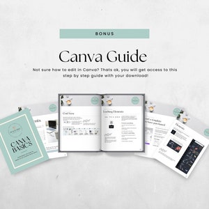 May include: A Canva guide with the text "Canva Basics" and a bonus Canva guide with the text "Canva Guide". The guide covers topics such as grid view, locking elements, and elements.