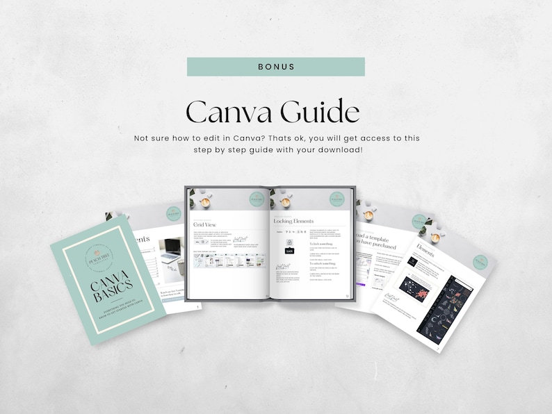 May include: A Canva guide with the text "Canva Basics" and a bonus Canva guide with the text "Canva Guide". The guide covers topics such as grid view, locking elements, and elements.