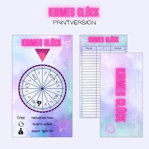 May include: A set of three print versions with the text "Kirmes Glück" in a neon pink font. The main image features a colorful wheel with numbers and symbols. The other two prints include a chart and a page with the same text and a cotton candy graphic.