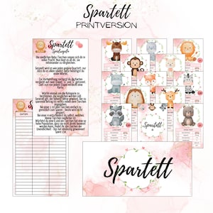 Op de afbeelding: Een printbare "Spartett"-spelset met schattige baby-dierenillustraties. Het spel bevat kaarten met verschillende dieren, een scorekaart en instructies. Het ontwerp bevat een roze en witte aquarelachtergrond met bloemaccenten.