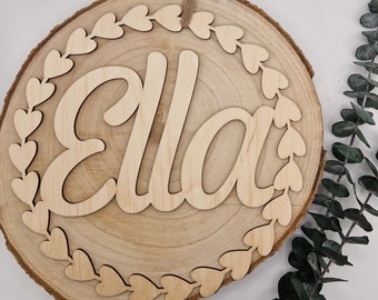 Wooden nameplate with heart frame