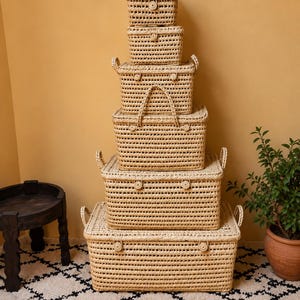 May include: A stack of six rectangular woven baskets with lids, arranged from smallest at the top to largest at the bottom. Each basket features a light tan natural fiber construction, a grid-like weave pattern, and small circular button-style closures.